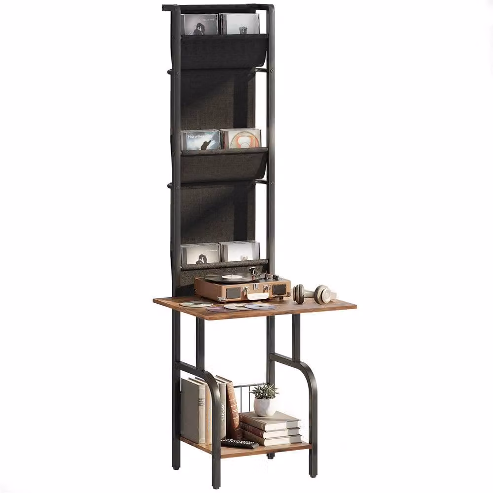 HOMCOM Vinyl Record Player Stand with Oxford Pockets in Rustic Brown and Black, H 144.0 cm x W 50.0 cm – 2