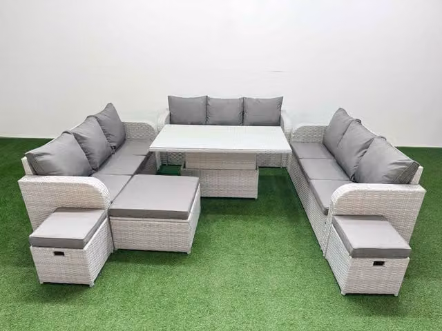 Fimous 12 Seater PE Rattan Outdoor Garden Furniture Set in Light Grey with Adjustable Lifting Dining or Coffee Table, 3 Seater Sofa and 3 Stools