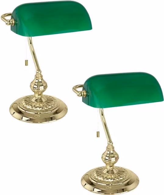 Loops 2 Pack Modern Table Lamps with Green Glass Dome Shades and Brass Finish, Pull Chain Switch, E27 Socket