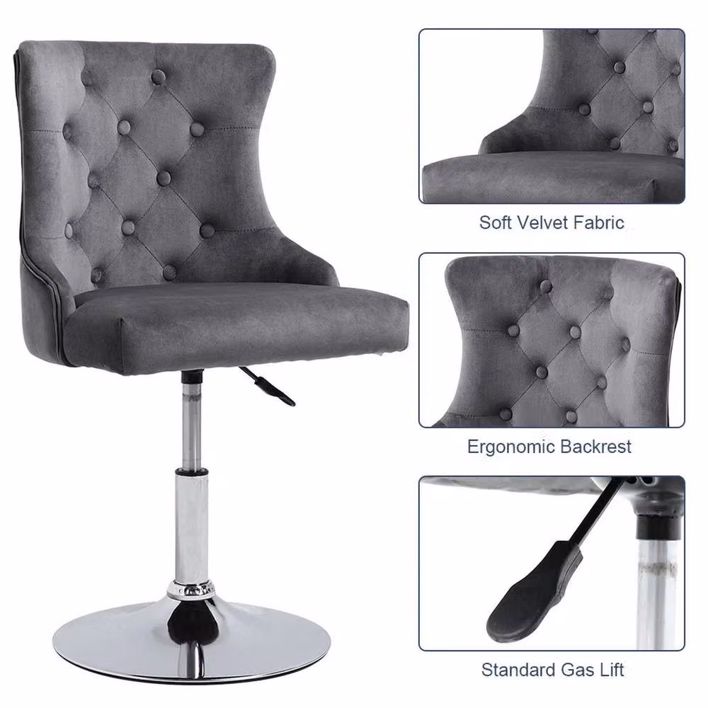 KORVIXA Grey Velvet Bar Stool with Adjustable Seat and Metal Frame – 3