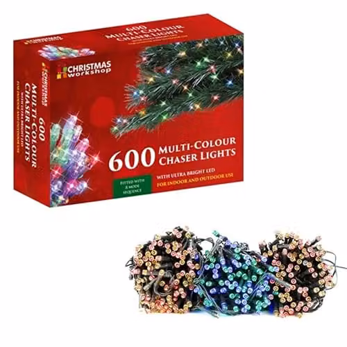 The Christmas Workshop 600 Multi-Coloured LED Chaser Fairy Lights with 8 Light Modes for Indoor or Outdoor Use, 41.9 Metres