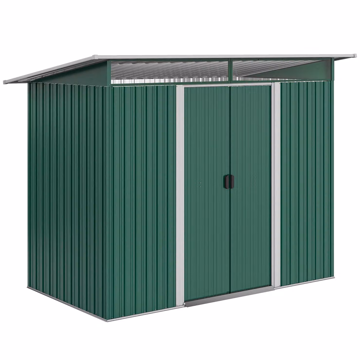 OUTSUNNY Green Galvanised Steel Pent Garden Shed with Double Sliding Doors and Internal Shelves – 2