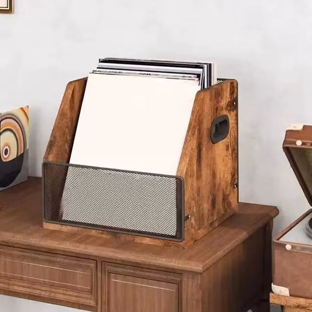 EONLION Brown Wooden Magazine and Record Storage Holder with Back Panel, W/D/H: 50 x 50 x 50 cm – 1
