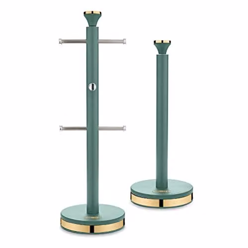 Tower Cavaletto Freestanding Mug Tree and Towel Pole Set with Anti-Slip Base, Jade Green and Champagne Gold