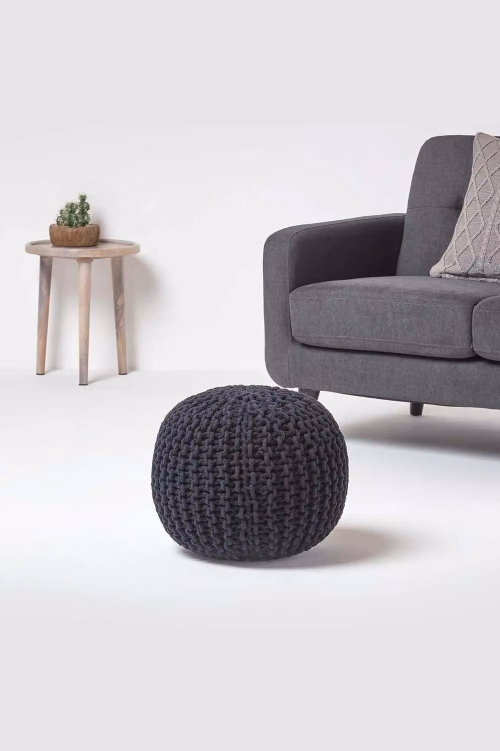 Homescapes Round Cotton Knitted Pouffe Footstool in Black – 2