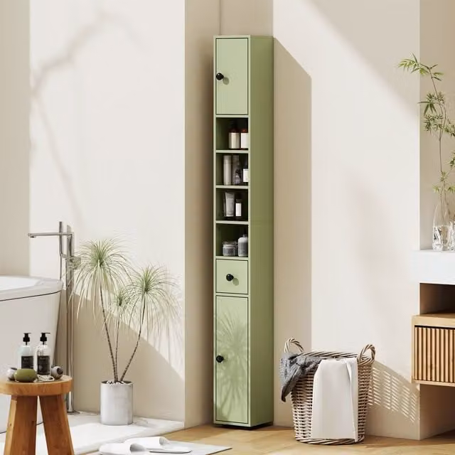 Kleankin Slim Green Bathroom Cabinet with Open Shelves and Internal Storage – 1