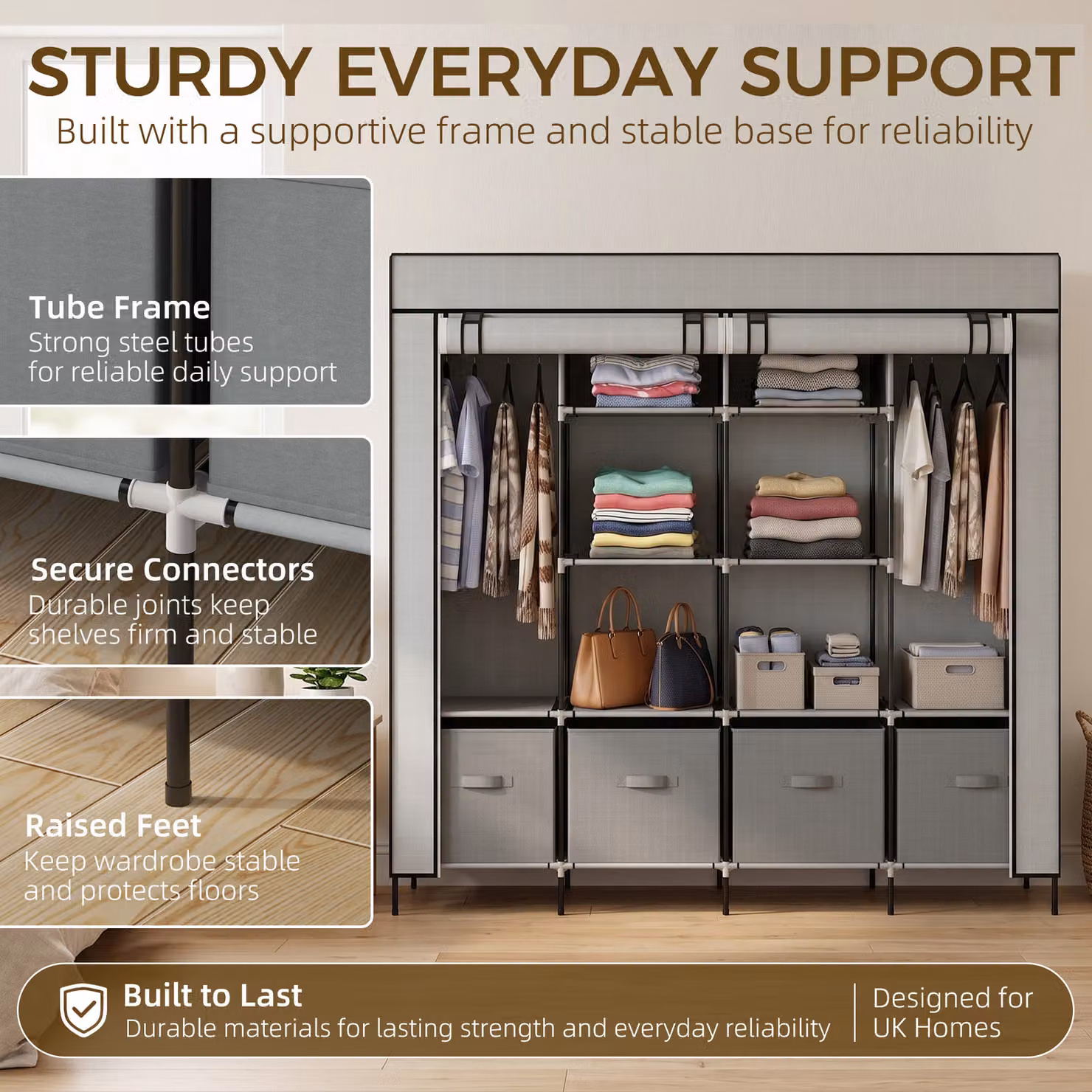 HOMCOM Fabric Wardrobe in Dark Grey with 10 Compartments, 2 Hanging Rails and 4 Drawers, W: 166 cm, D: 42.5 cm, H: 169.5 cm – 3