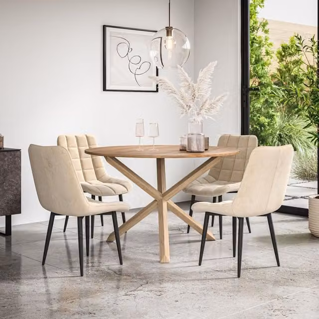 More4Homes Malvern Round Dining Table and 4 Nova Velvet Dining Chairs Set in Oak and Beige – 1