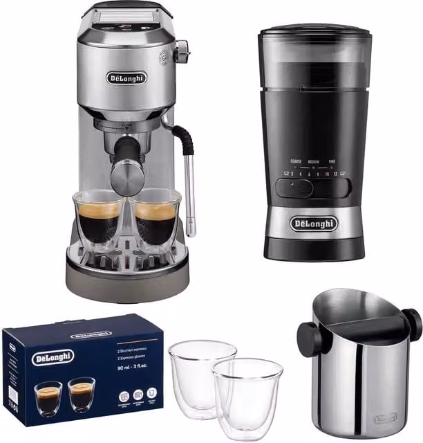 De'Longhi Dedica Duo Coffee Machine with Grinder, Knock Box and Latte Glasses in Green and Silver