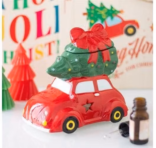KDMD Red Ceramic Car with Christmas Tree Vintage Tabletop Tealight Oil Burner