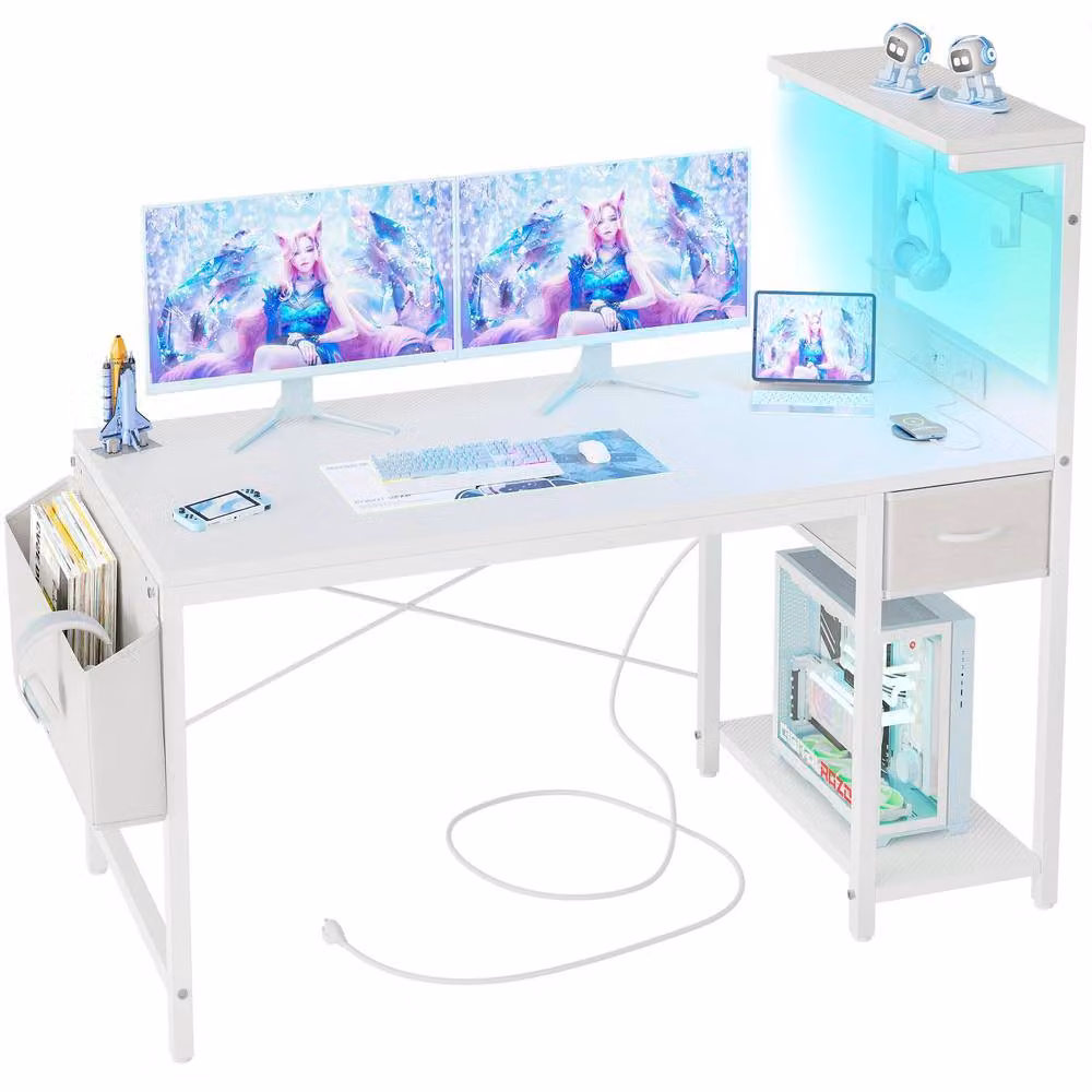BEXEVUE White Gaming Desk with Power Outlet, LED Lights and Reversible Shelving, Width: 100 cm – 2