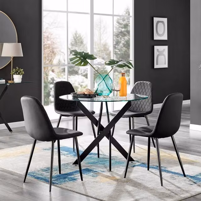 FurnitureboxUK Novara Round Glass Dining Table and 4 Corona Faux Leather Chairs in Black – 1