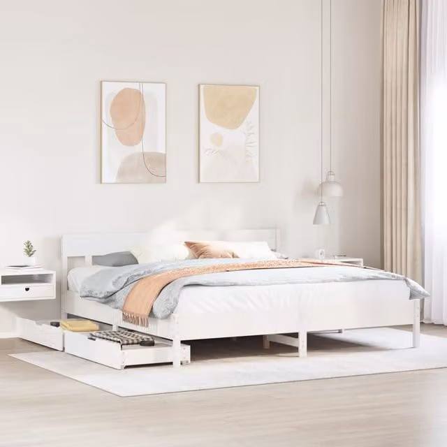 Berkfield Home Super King Solid Wood Pine Bed Frame in White, W/D/H: 180 x 200 cm