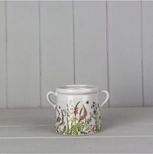 KDMD White and Multicolour Ceramic Round Tabletop Pot with Floral Meadow Design