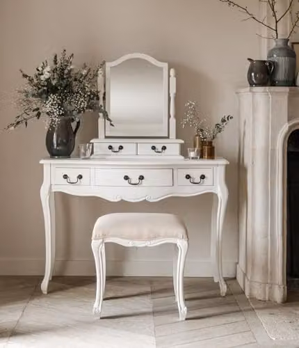Juliette Dressing Table Set in White with Metal Swan Handles, including Dressing Table, Trinket Mirror and Upholstered Stool