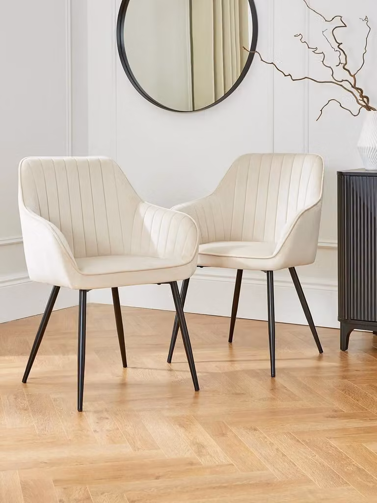 Alisha Pair of Mid-Century Modern Fabric Dining Chairs in Sand with Black Metal Legs
