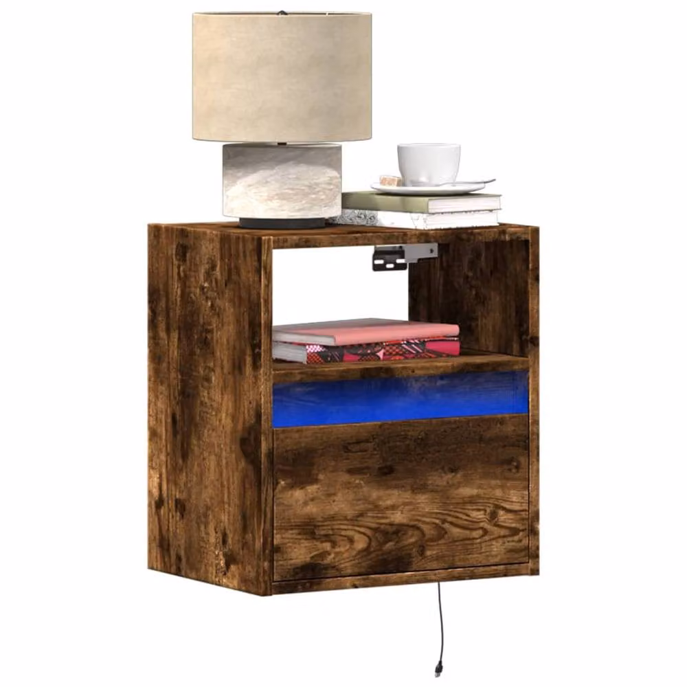 Berkfield Home Set of 2 Wall-mounted Bedside Cabinets with Integrated LED Lights in Smoked Oak Brown – 2