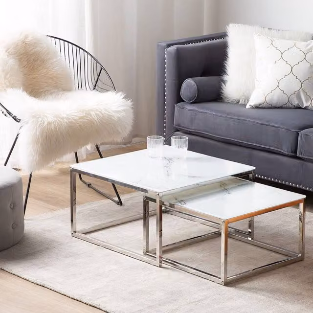 Wyld and Coco Nest of 2 Square White Marble-Top Coffee Tables with Silver Metal Frame