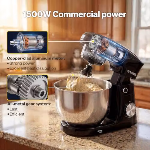 Spector 1500W Tilt-Head Electric Stand Mixer in Black with 5L and 4.5L Stainless Steel Bowls, 10-Speed Settings and Dough Hook, Whisk and Beater – 11