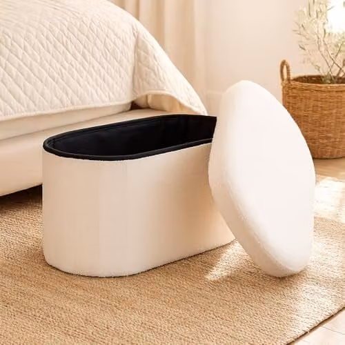 Jack Stonehouse JSH Teddy Boucle Storage Ottoman in White, Large Oval Foldable Pouffe and Foot Rest – 1