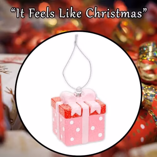 VFM e-Store Pink Glitter Present Christmas Tree Hanging Ornament, W/D/H: 9.5 x 7.5 x 7.5 cm – 7