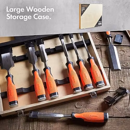 VonHaus 10-Piece Woodworking Chisel Set with Chrome Vanadium Tools, Sharpening Stone, Honing Guide and Orange Storage Case – 4