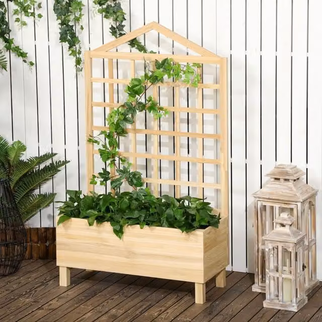 Outsunny Wooden Raised Bed with Trellis for Vegetable, Herb and Ornamental Gardens, Beige