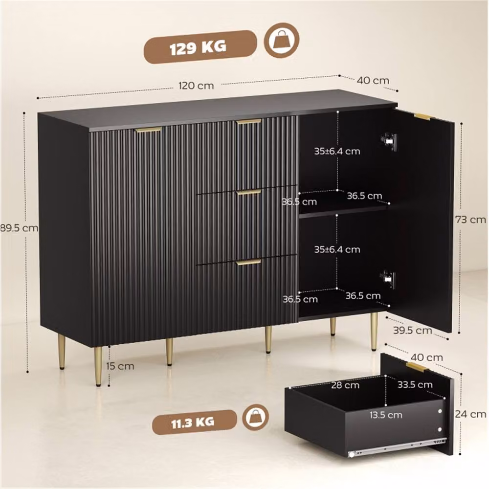 ERGOVEXA Black Lacquered 2-Door Sideboard with 3 Drawers and Adjustable Shelves, W: 120 cm, H: 89.5 cm, D: 40 cm – 2