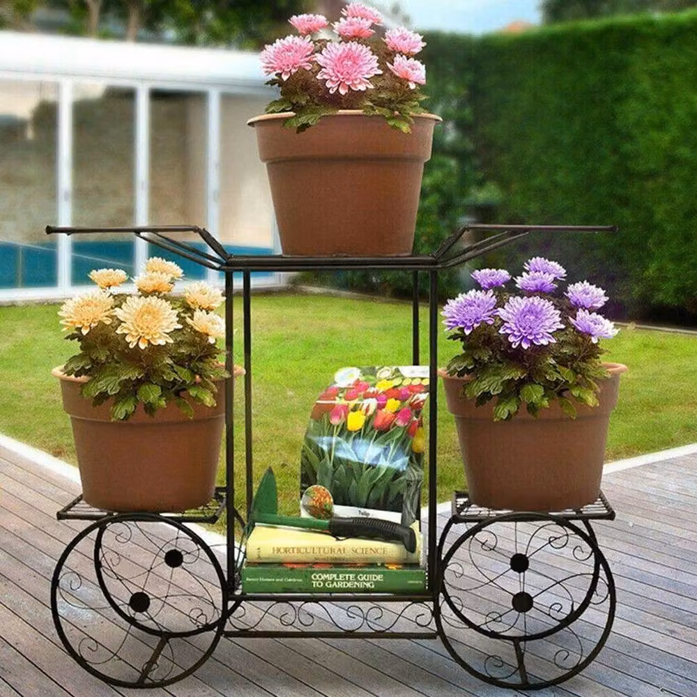 Kelvenix Large Parisian Style Metal Garden Cart Plant Stand in Matt Black – 4