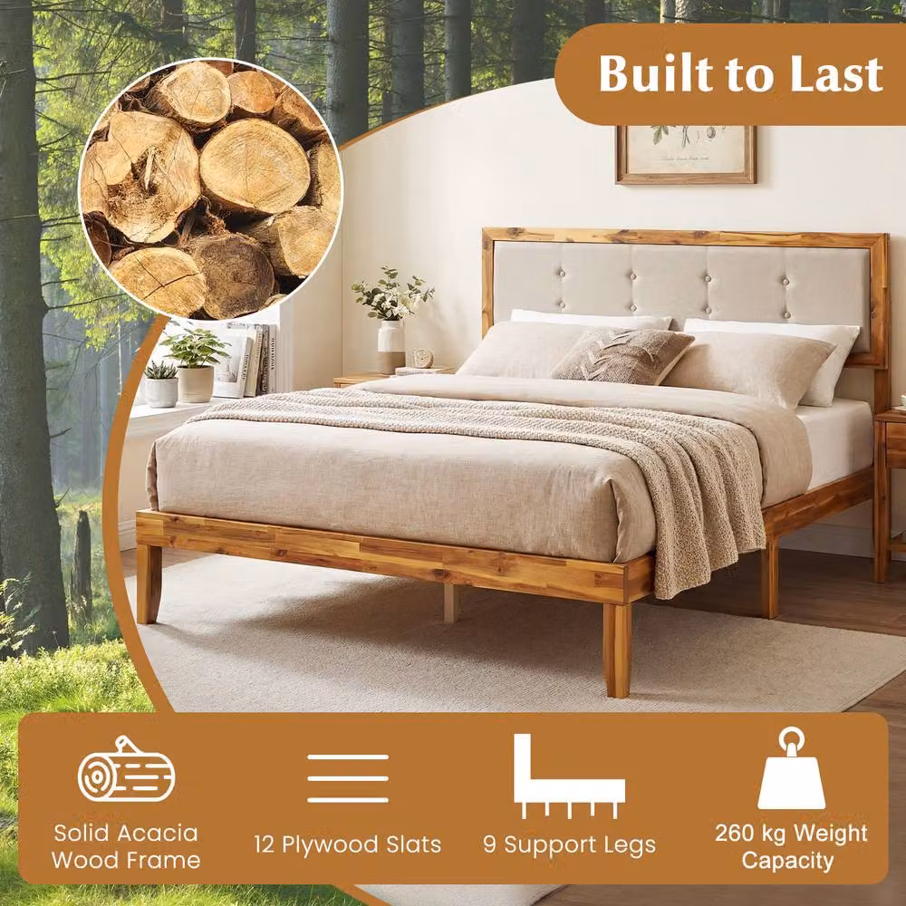 Costway King Size Acacia Wood Platform Bed Frame with Tufted Fabric Headboard, Brown – 4