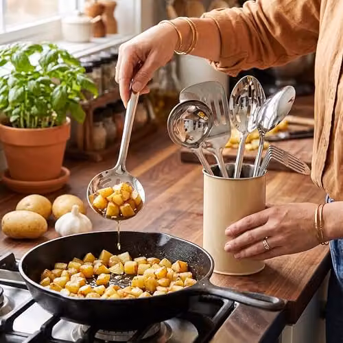 Orsina 5-Piece Cream Enamel Kitchen Utensil Set with Stainless Steel Tools and Holder – 4