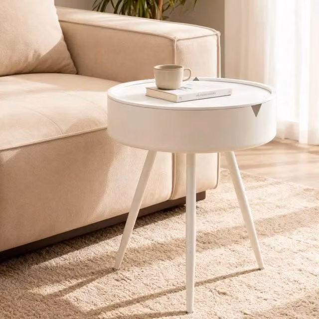 VOGREX Modern Round White Side Table and Bedside Nightstand