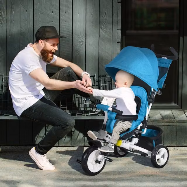 HOMCOM 6-in-1 Kids Tricycle with Canopy and Push Handle, Blue