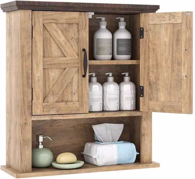 Gymax Farmhouse Wall Mounted Medicine Cabinet with Hinged Doors and Internal Shelves in Natural Brown and Sand Rustic Wood and Metal Design – 1