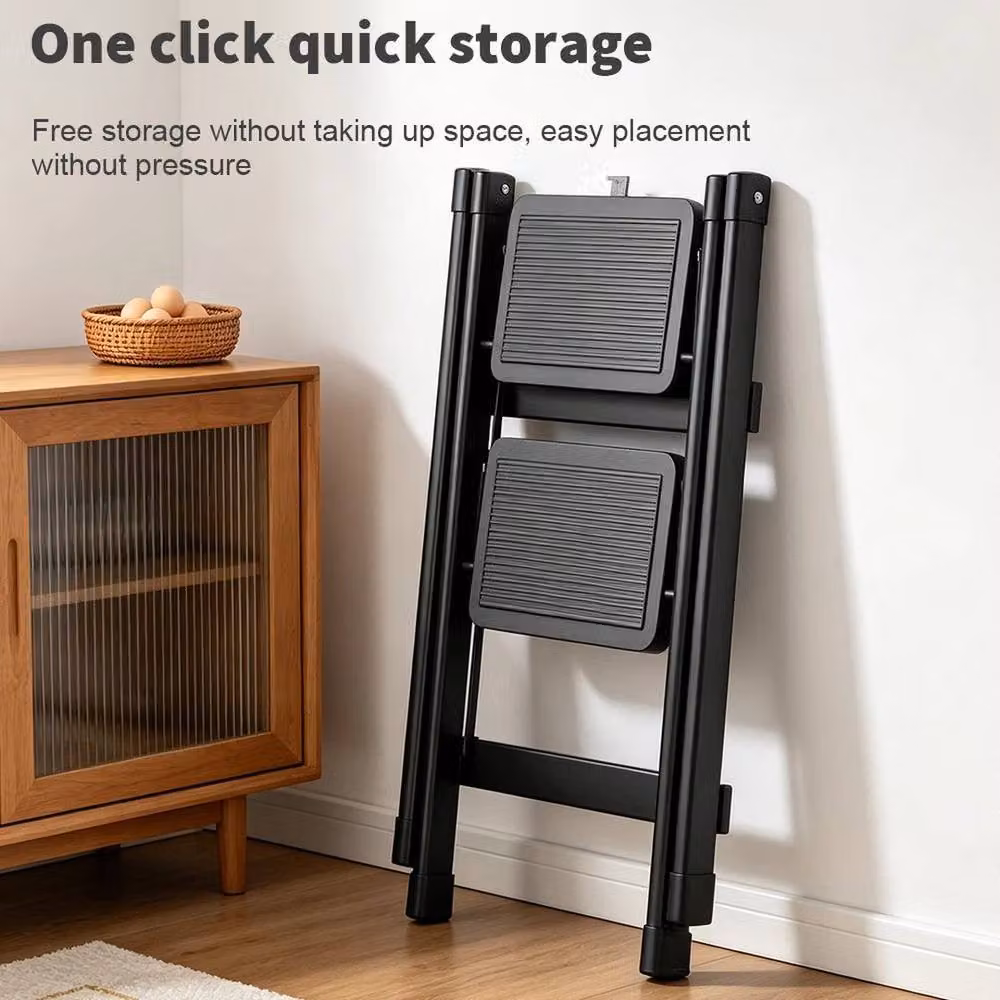 FLAVORA Black 2 Step Steel Foldable Ladder Stool with Rubber Feet, W: 40 cm, H: 100 cm, D: 40 cm – 6