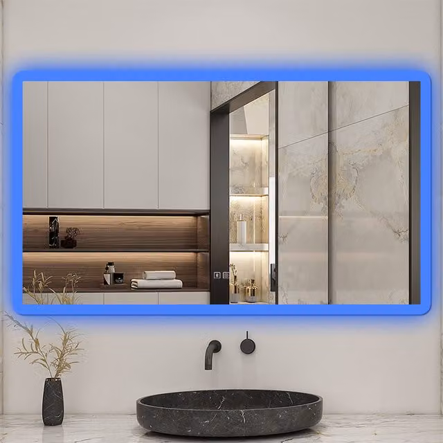 AicaBathroom Dimmable LED Bathroom Mirror with White and Blue Light Speaker, White, Width: 80 cm