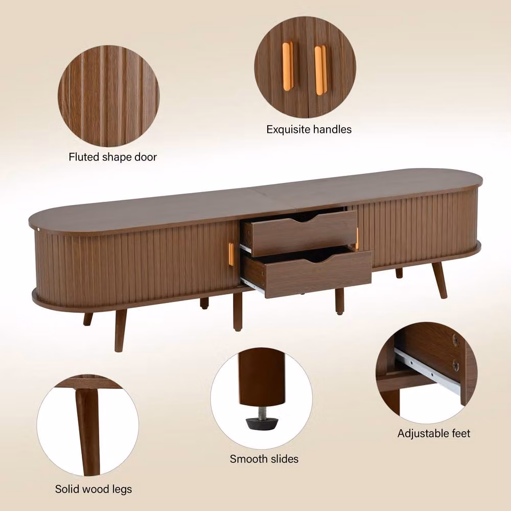 Merax Brown Minimalist TV Stand Media Entertainment Centre with Drawers and Sliding Doors – 3