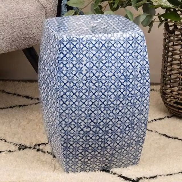 Madison & Mayfair Blue & White Geometric Ceramic Garden Stool, W/D/H: 27 x 27 x 41 cm