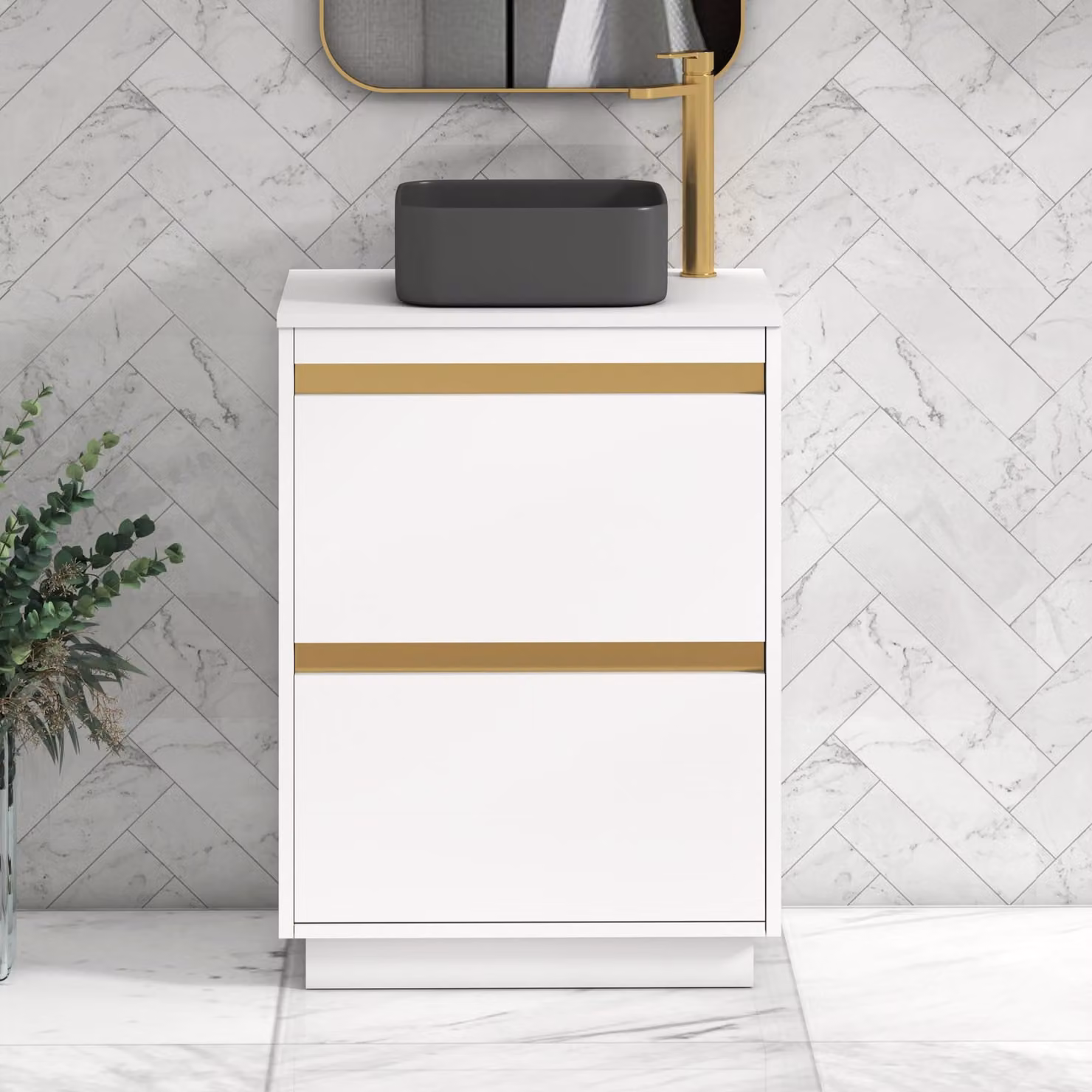 Royal Bathrooms Orion 600mm Matt White Floor Standing Vanity Unit with Art Square Basin and Brushed Brass Accent Trim