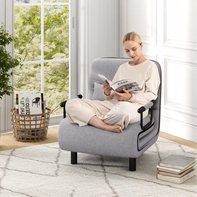Costway 3-in-1 Convertible Sofa Bed in Grey Fabric with Armrests