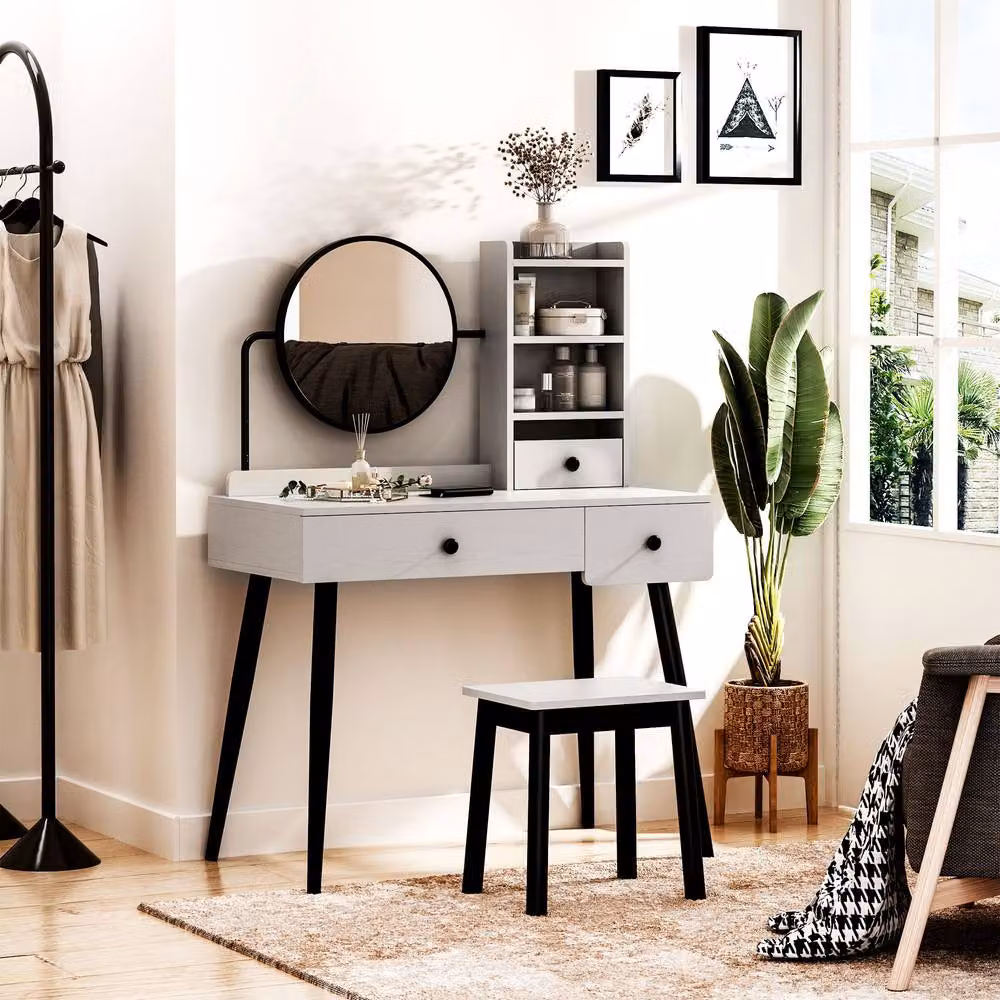 STILVORA Modern Dressing Table with Mirror, Stool and 3 Drawers in Grey – 2