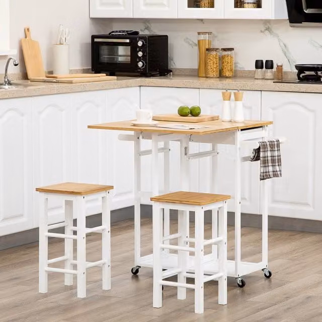 HOMCOM Kitchen Island Set with 2 Stools, White Bamboo Kitchen Cart with Drop Leaf and Castors