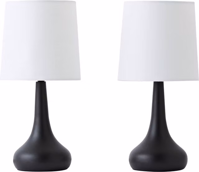 ValueLights Pack of 2 Teardrop Touch Table Lamps with Fabric Shades and Bulbs in Black and White