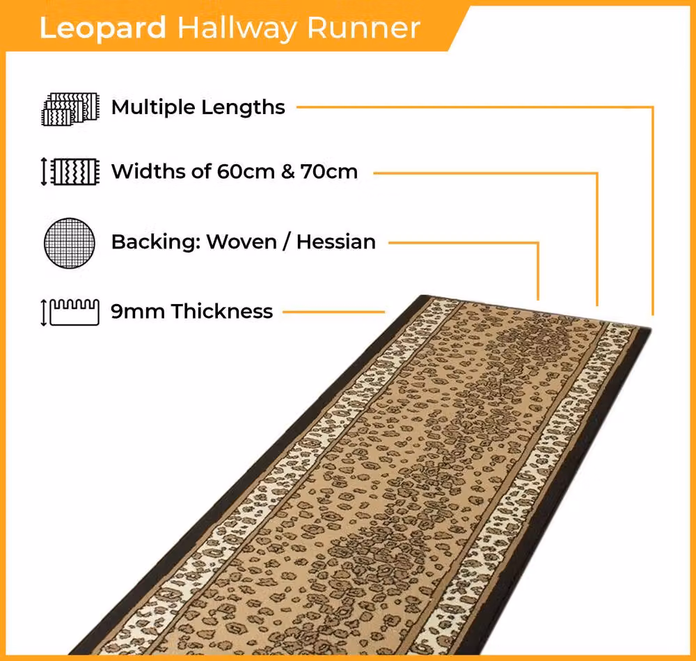 runrug Leopard Animal Print Hallway Carpet Runner Rug in White, W: 60 cm, L: 180 cm – 2