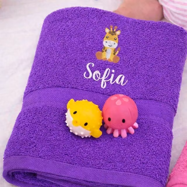 Duncan Stewart Personalised Giraffe Kids Bath Towel, Purple, W: 70 cm, H: 130 cm
