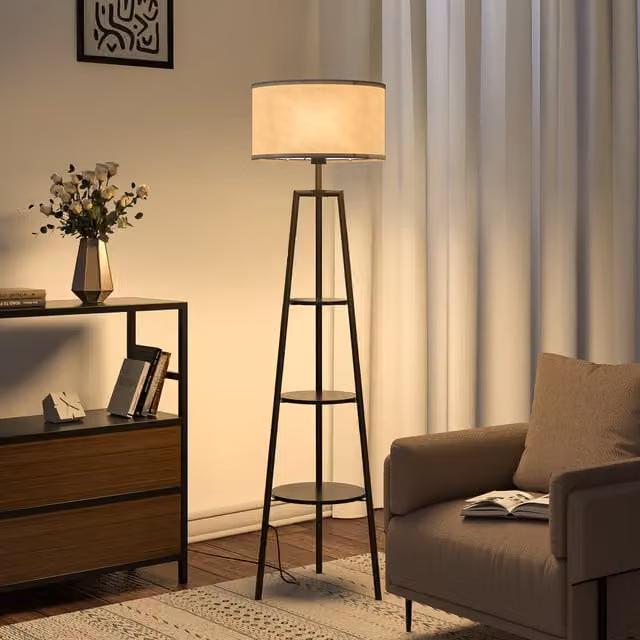 Livingandhome Modern LED Tripod Floor Lamp with 3 Tier Open Storage Shelf in Black