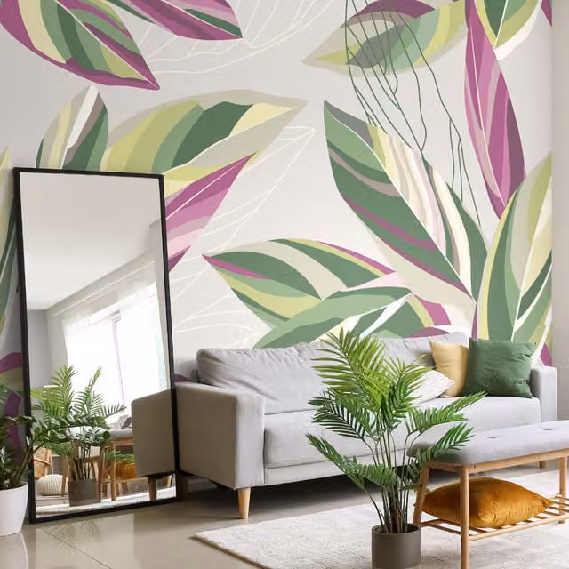 Origin Murals Botanical Calathea Leaves Floral Wall Mural in Grey and Multicolour