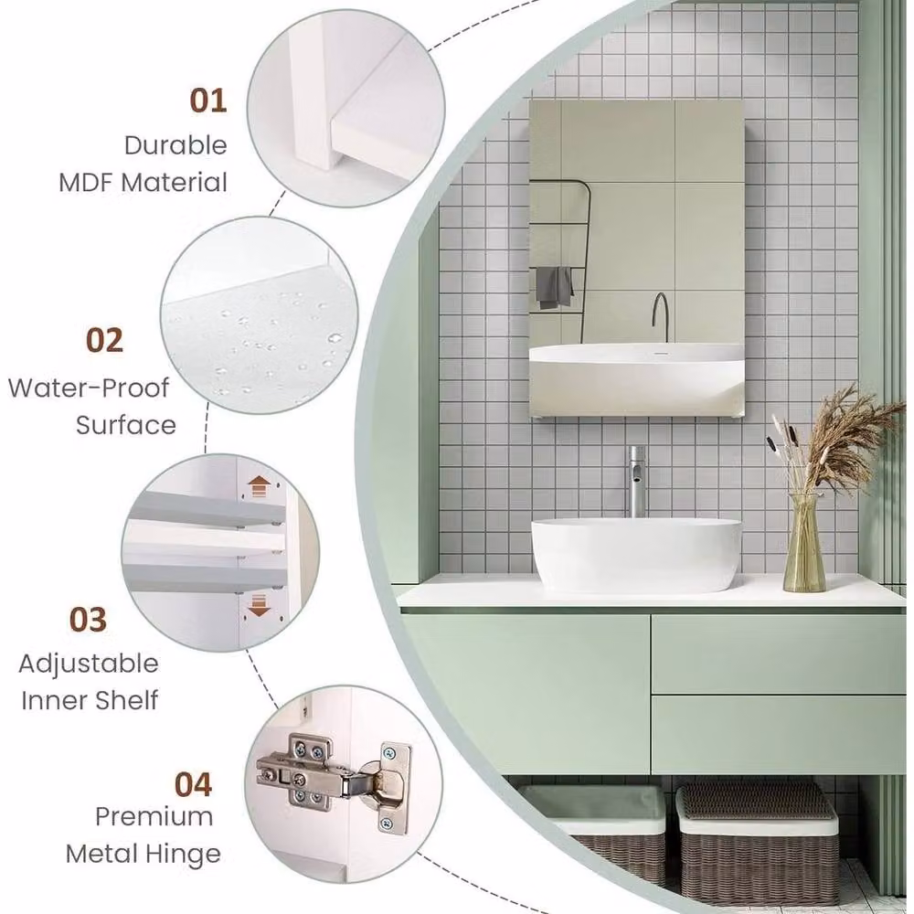 NESTLUNE White Single Door Bathroom Mirror Cabinet with Internal Shelves, W: 30 cm, H: 50 cm – 3