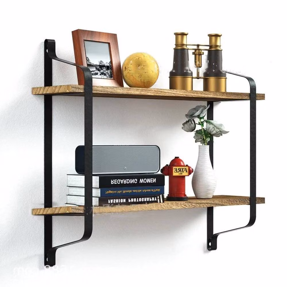 NESTLUNE Industrial Pipe Wall Floating Shelf, Brown Wood and Metal, W: 100 cm, D: 15 cm – 2