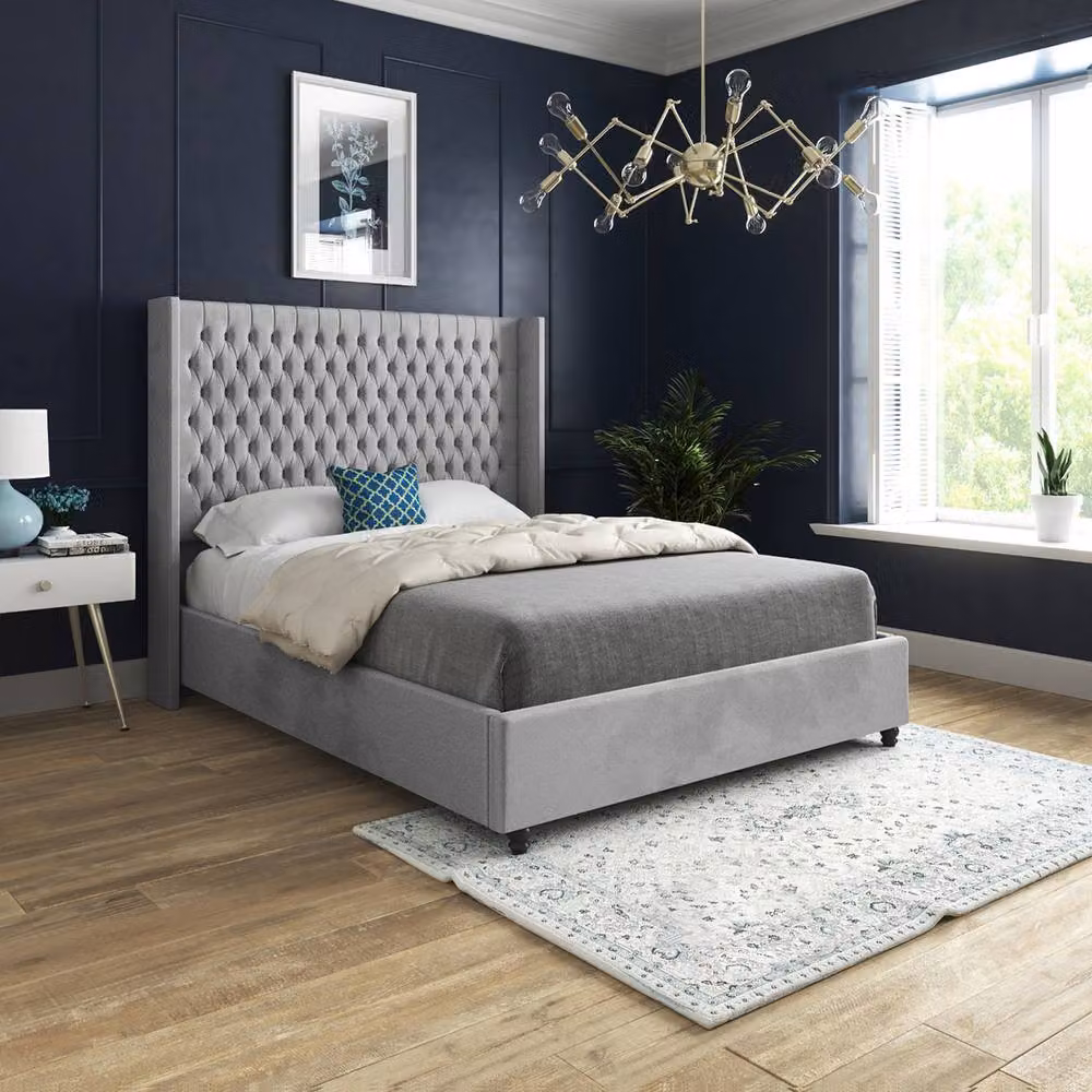 Casani Tibenham Small Double Upholstered Velvet Bed Frame in Grey, W/D/H: 137 x 120 x 200 cm – 2